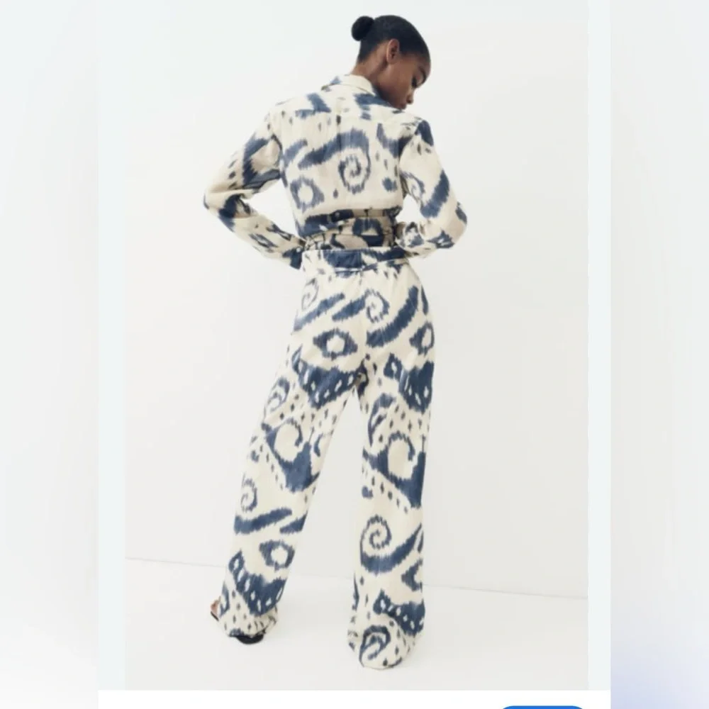 ZARA Printed Ramie Shirt & Pants Set LIMITED EDITION Blue Cream Size S/XS